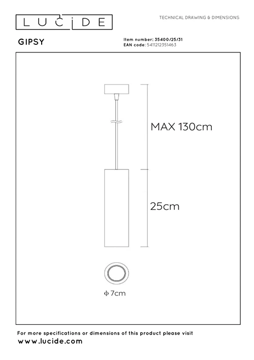 Lucide GIPSY - Pendant light - Ø 7 cm - 1xGU10 - White - technical